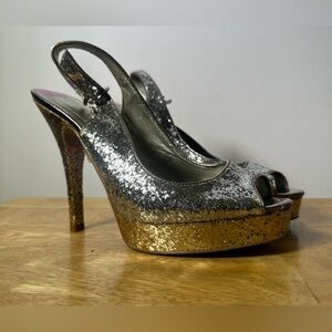 GUESS Silver & Gold Glitter Sling Back Heels